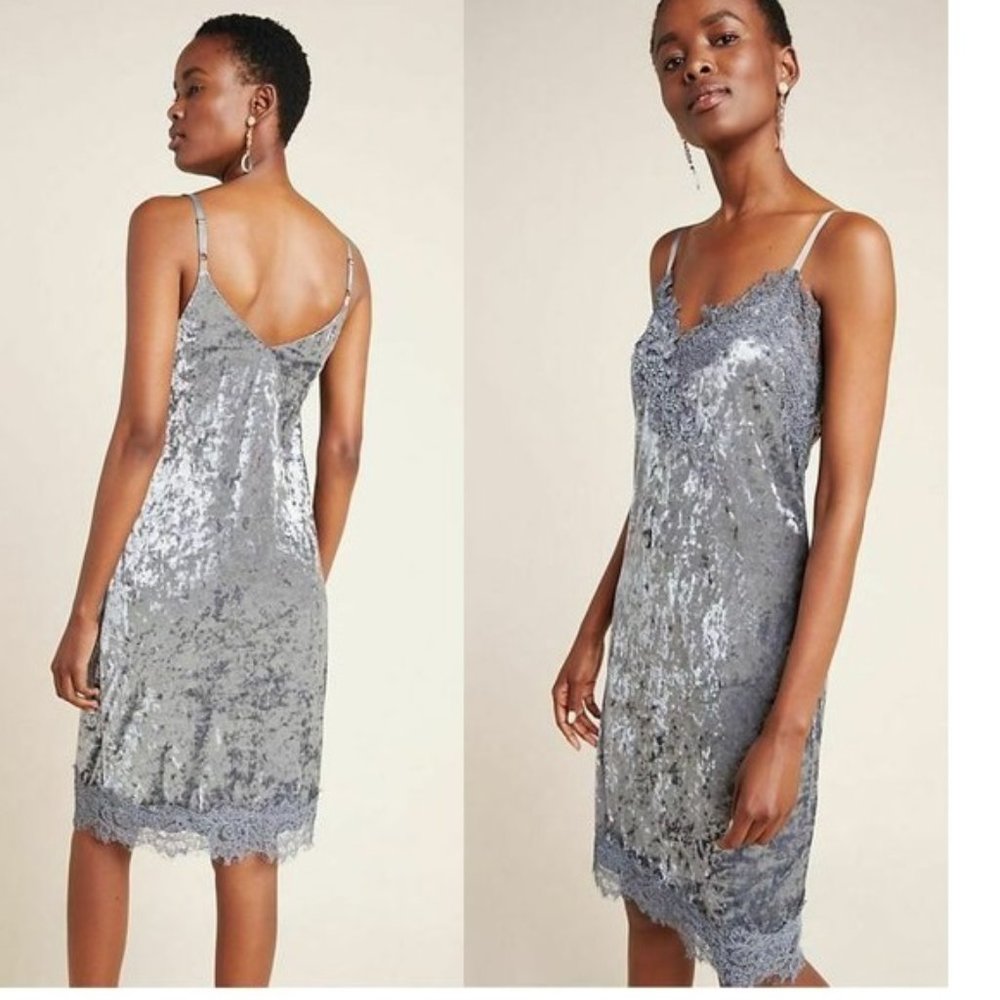 Anthropologie Silver Sequin Lace-Trim Midi Slip Dress